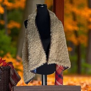 Furry Shaggy Shawl Vest Cape with Plaid Lining